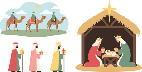 Nativity scene with three wise men and stable