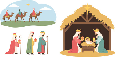 Nativity scene with three wise men and stable