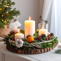 A festive centerpiece featuring burning candles nestled among greenery, pinecones, berries, and a single orange on a wooden base