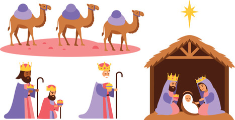 Nativity scene with three wise men and camels