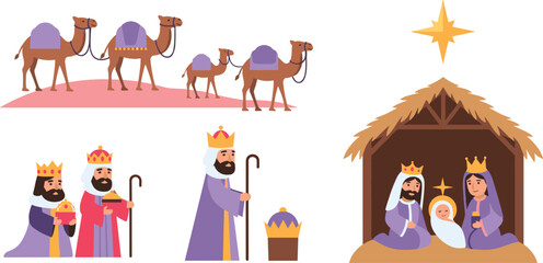 Nativity scene with three wise men and camels