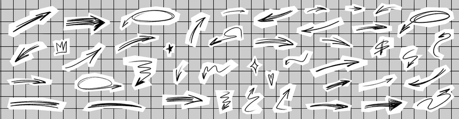 Handmade arrow scrapbook graphics blending bold crayon strokes and soft chalk lines. Each arrow carries brush accents and natural brush motion.