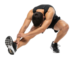 A man in athletic attire stretches his leg, demonstrating flexibility and fitness.