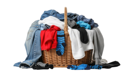 A wicker laundry basket overflowing with a variety of colorful clothes, ready for washing.