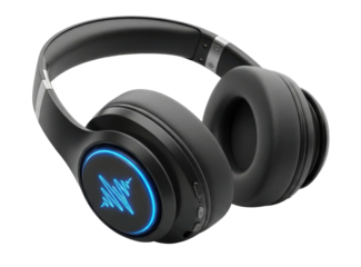 Black over-ear headphones with a blue light on the ear cup, isolated on white background.