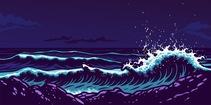 Powerful Ocean Tide Waves Crashing on Rocky Coastal Shore