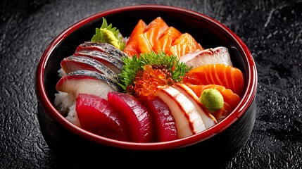 Detailed view of Japanese chirashi sushi fresh seafood arranged over rice served in lacquer bowl against dark black textured background