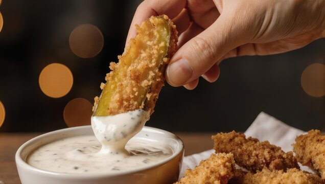 Crispy Fried Pickle Spear Dipped in Creamy Ranch Dressing.
