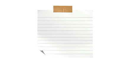A blank, lined paper note, held by tape, isolated on black, with a curled corner