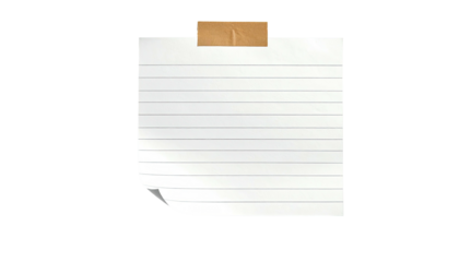 A blank, lined paper note, held by tape, isolated on black, with a curled corner