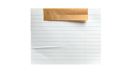 A blank lined paper sheet, torn and taped with a brown piece of tape, isolated on black