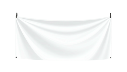 A blank white banner, suspended by clips, against a black background. It appears to be made of cloth