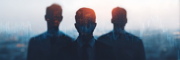 A stylized silhouette of three businessmen with a city skyline and data visualization overlay, suggesting business analytics and decision-making.