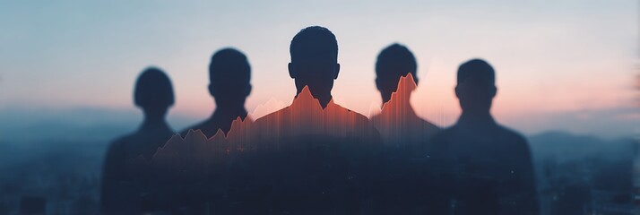A silhouette of five people against a colorful sunset, with an abstract data visualization overlay, suggesting themes of teamwork and analytics.