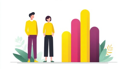 Diverse people examining colorful bar graph with foliage, representing growth, analysis, teamwork, and success in modern business environment and workspace settings