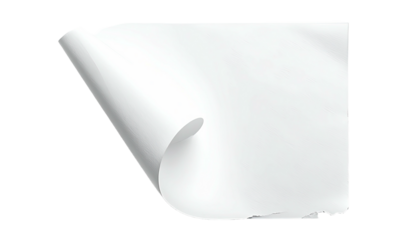 A blank white paper sheet with a curled corner, isolated on a black background