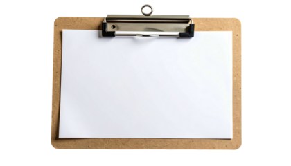 A blank white paper sheet clipped to a wooden clipboard against a stark black background