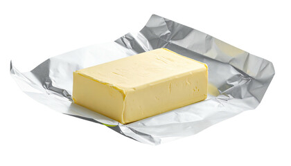 A block of yellow butter, partially unwrapped, resting on crinkled silver foil