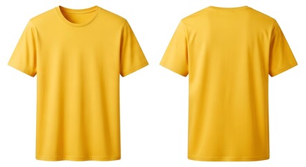 Front and back view of a yellow t-shirt on white background