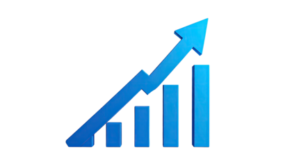 A blue 3D-rendered graph showing upward trend, rising arrow over chart bars on black