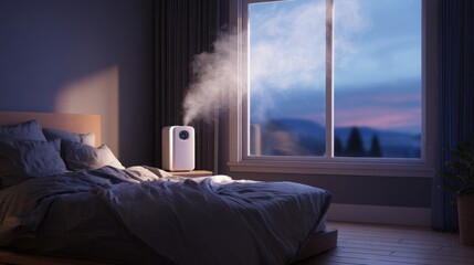 minimalist bedroom with cool temperature setting, light mist from humidifier, soft linens, window showing twilight, tranquil restful scene
