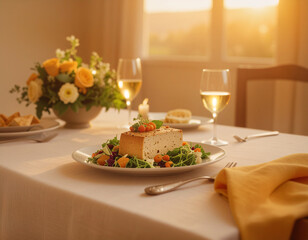 a plate with cheese and vegetables on the dinner table