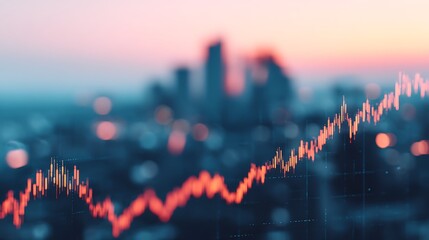 A blurry city skyline with a rising financial graph overlay, symbolizing economic growth and investment trends at sunset.