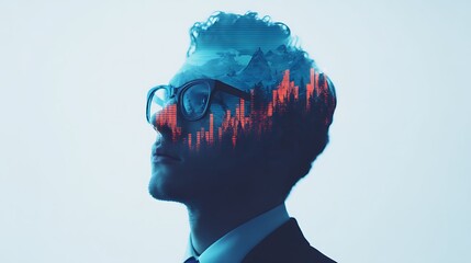 A creative double exposure image of a man in a suit, showcasing a landscape within his silhouette, symbolizing ideas and imagination.