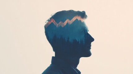 A silhouette of a man with a double exposure effect featuring mountains and forests within his head, symbolizing connection to nature and introspection.