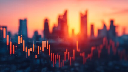 A vibrant sunset over a city skyline, with a financial chart in the foreground, symbolizing market trends and economic growth.