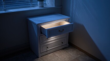 Fototapeta premium Dimly Lit Open Drawer with Cracked Surface and Hidden Contents in a Cozy Room