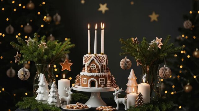Christmas candle dinner holiday table celebration winter xmas light festive decoration cozy gingerbread house with lit candles and gingerbread cake