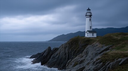 Rugged Lighthouse Perched on Jagged Cliff Overlooking Dark Ocean Waves Under Cloudy Sky