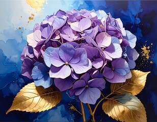 Artistic depiction of a purple hydrangea with gold leaves against abstract, swirling blue background