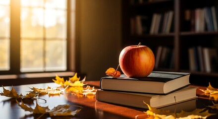 A stack of books with an apple and autumn leaves on a sunlit table.