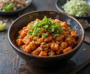 Spicy Tofu Stir Fry with Chili Sauce and Fresh Herbs on Rustic Bowl