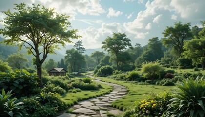 Lush Green Garden Path Landscape with Tropical Trees and Sunlight