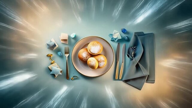 Festive Hanukkah sufganiyot on blue tabletop with decorations.