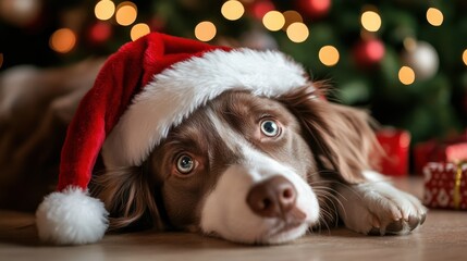 Festive dog in santa hat lying by christmas tree with lights and ornaments