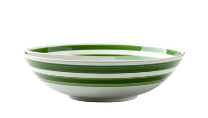 A ceramic bowl with alternating green stripes, set against a black background