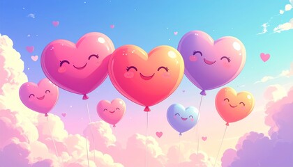 Heart shaped pink balloons flying high in the blue sky for a celebration of love and romance on Valentine's Day