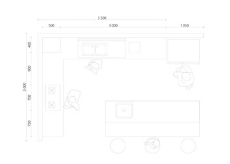 Detailed top-view kitchen layout with island, seating area, sink, cooktop, and clear functional zoning with precise dimensions. Suitable for interior design presentations, furniture planning.