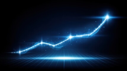 Dynamic blue glowing graph representing positive growth and upward momentum on a dark grid background with sparkles and light effects