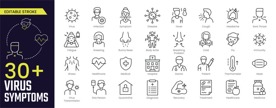 Virus Symptoms Stroke icon collections. Containing infection, virus, fever, cough, headache, sore throat, fatigue, and sneezing icons. Editable Stroke icon collection Outline icon