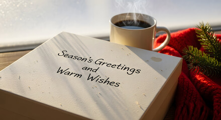 Season's greetings and warm wishes written on a gift box beside a steaming coffee mug