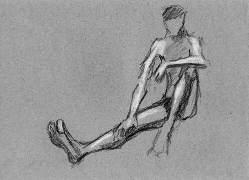 Quick artistic pencil sketch of a sitting human figure on gray textured paper. Academic study of human body, pose, and gesture. Ideal for art school materials, book covers, decorative elements.