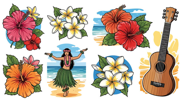 Hawaiian tropical flowers, hula dancer and ukulele, traditional island paradise elements