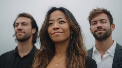 Fototapeta premium Three diverse individuals a woman and two men look confidently towards the future under an overcast sky