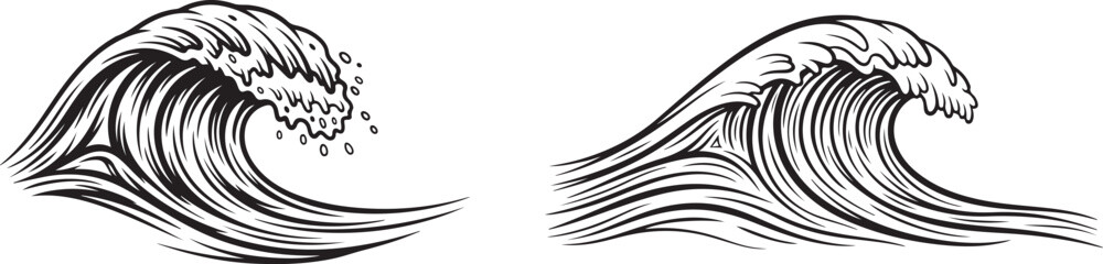 Ocean wave sketch, hand drawn line art with dynamic curling water and foam. Vector illustration,