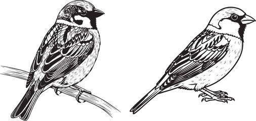 Detailed line art of a sparrow perched on a branch, Sparrow Bird Vector Illustration &ndash; Detailed Hand-Drawn Line Art.